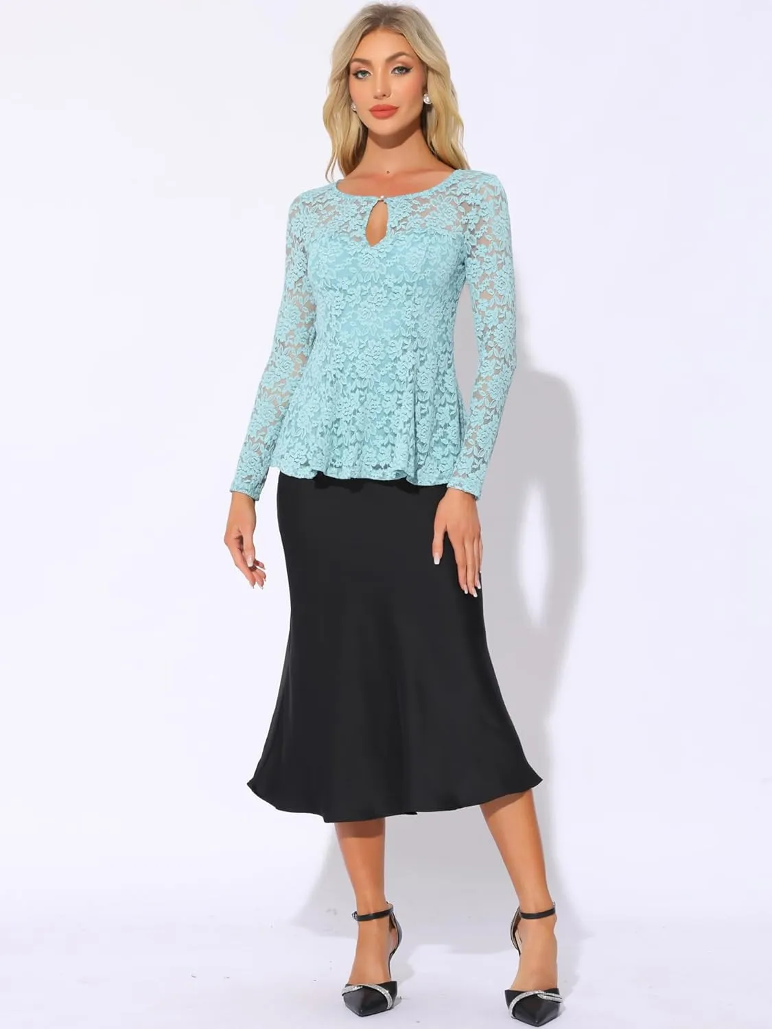 Allegra K Women's Lace Tops Keyhole Front Peplum Hem Sheer Long Sleeve Blouse