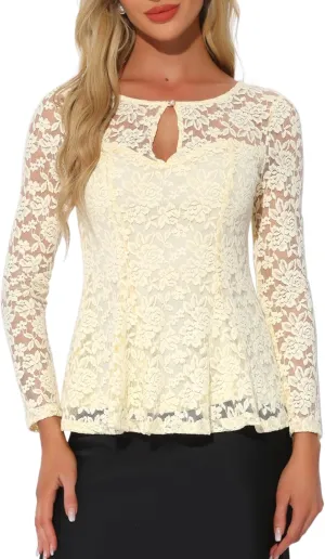 Allegra K Women's Lace Tops Keyhole Front Peplum Hem Sheer Long Sleeve Blouse