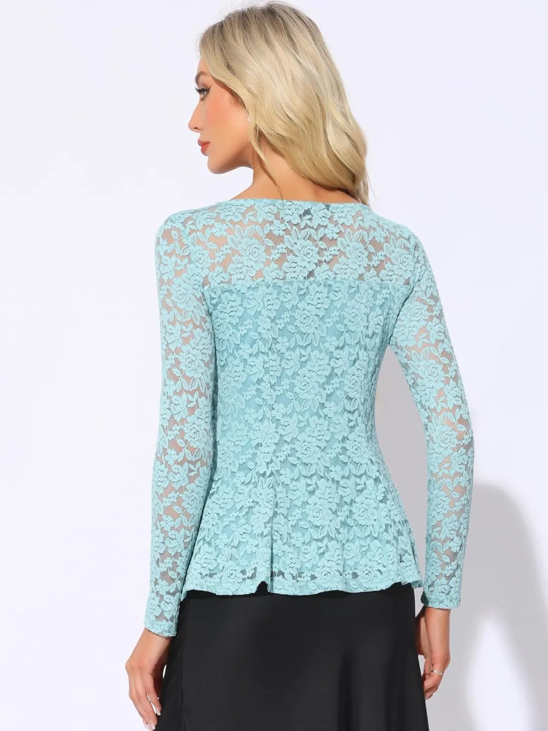 Allegra K Women's Lace Tops Keyhole Front Peplum Hem Sheer Long Sleeve Blouse
