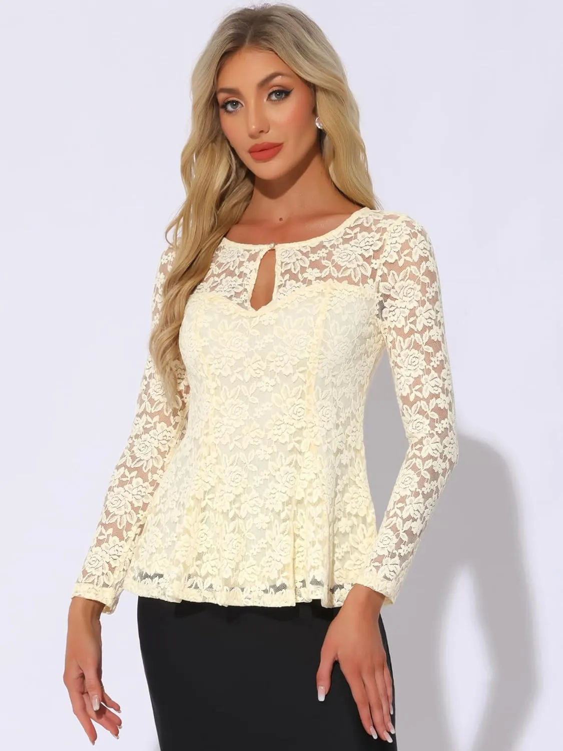 Allegra K Women's Lace Tops Keyhole Front Peplum Hem Sheer Long Sleeve Blouse