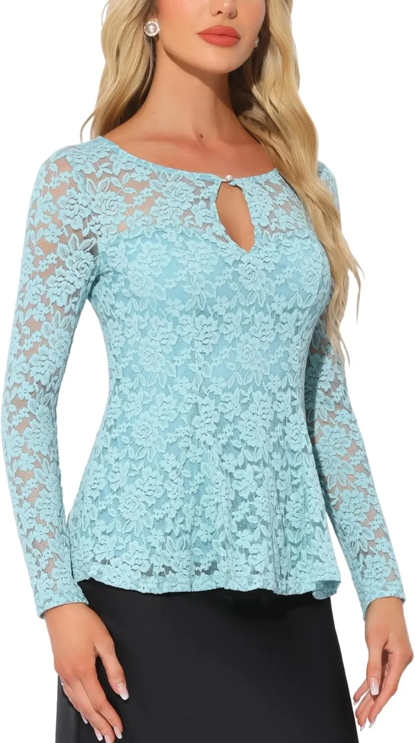 Allegra K Women's Lace Tops Keyhole Front Peplum Hem Sheer Long Sleeve Blouse