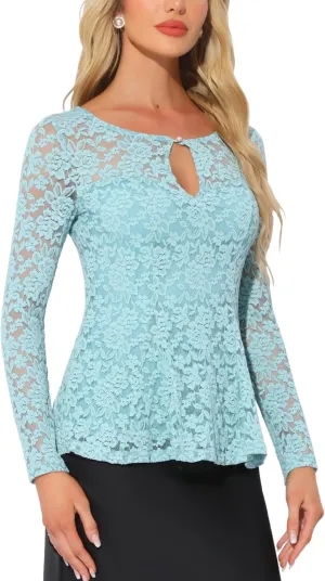 Allegra K Women's Lace Tops Keyhole Front Peplum Hem Sheer Long Sleeve Blouse