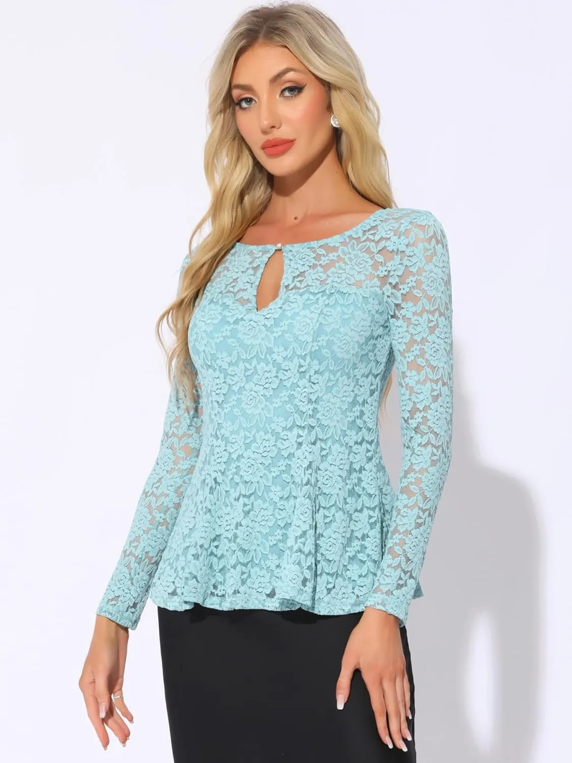 Allegra K Women's Lace Tops Keyhole Front Peplum Hem Sheer Long Sleeve Blouse