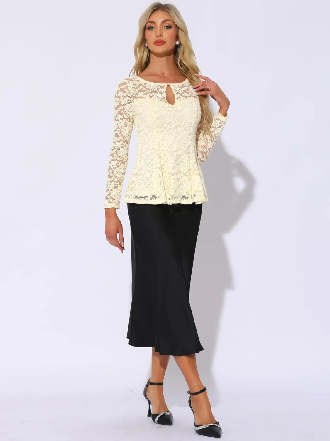 Allegra K Women's Lace Tops Keyhole Front Peplum Hem Sheer Long Sleeve Blouse