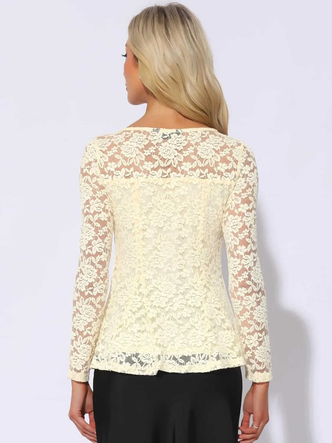 Allegra K Women's Lace Tops Keyhole Front Peplum Hem Sheer Long Sleeve Blouse