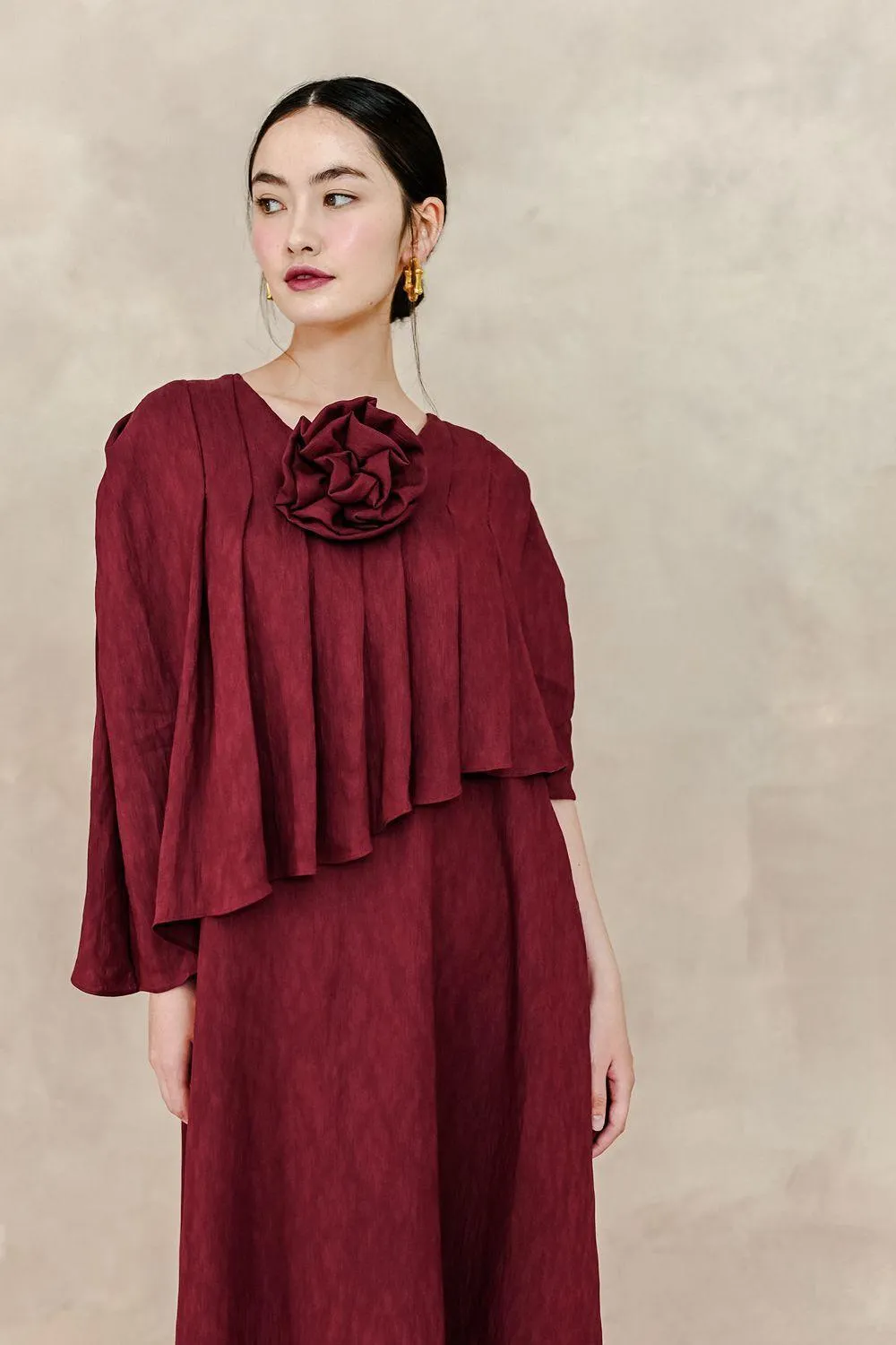 Anya Straight Cape Sleeved Silk Midi Dress