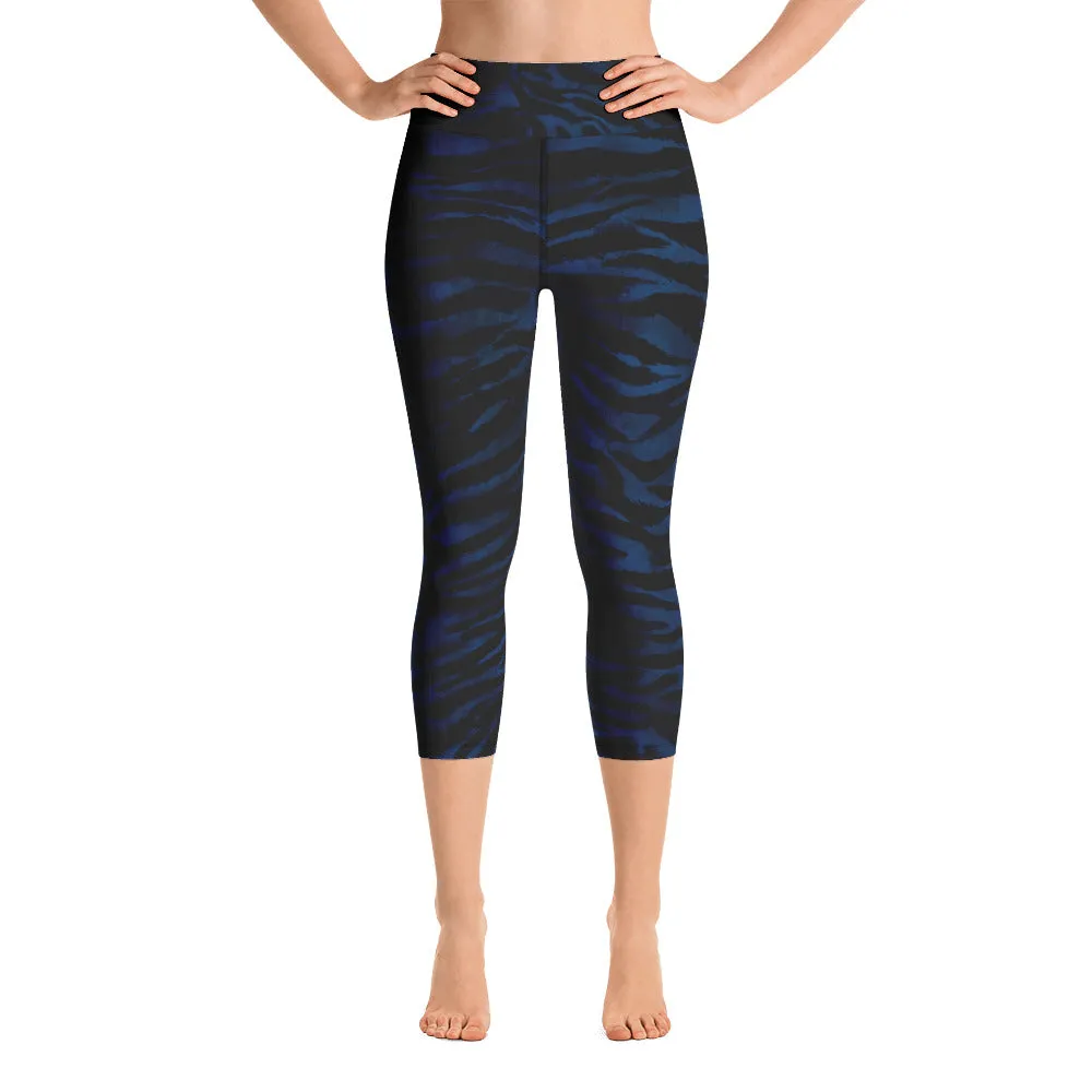 Blue Tiger Stripe Capri Leggings, Animal Print Women's Capris Yoga Pants-Made in USA/EU