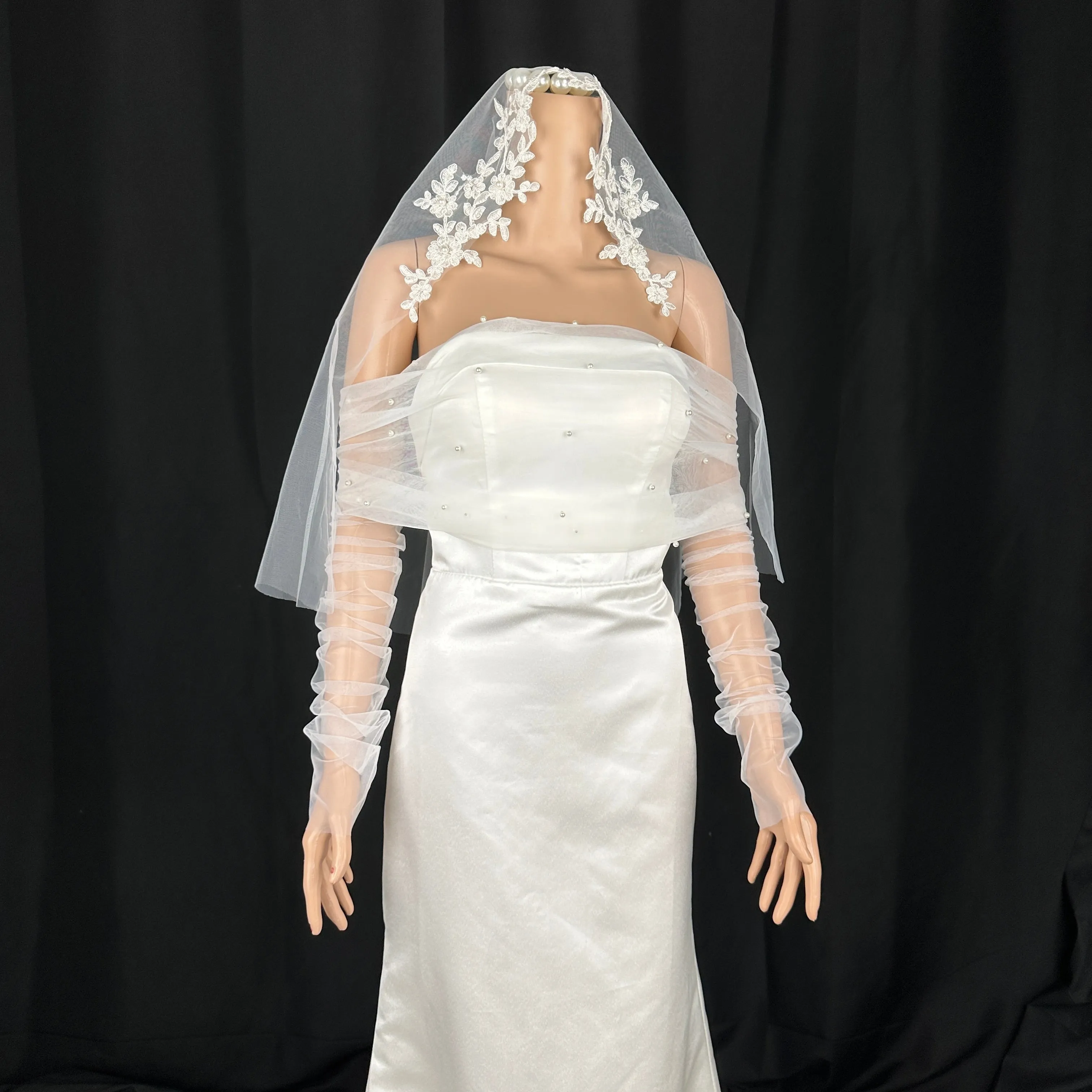 Bridal Pearl Lux Bridal Sheer Tulle topper with Long Sleeves. Modern Bridal Top BYRDWP52