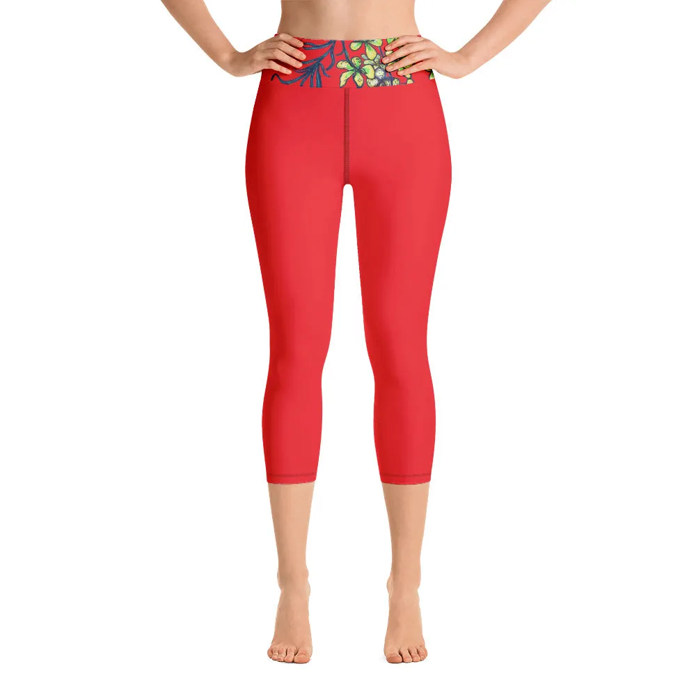 Bright Red Yoga Capri Leggings, Solid Color Orchids Floral Women's Modern Capris Tights-Made in USA/EU