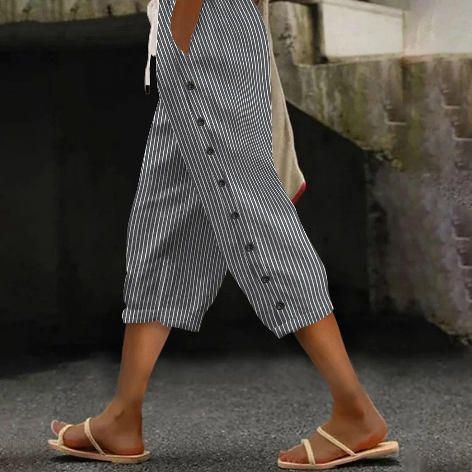 Capri Pants for Women Summer Drawstring High Waisted Striped Linen Pants Loose Crop Beach Gauze Pants with Pockets