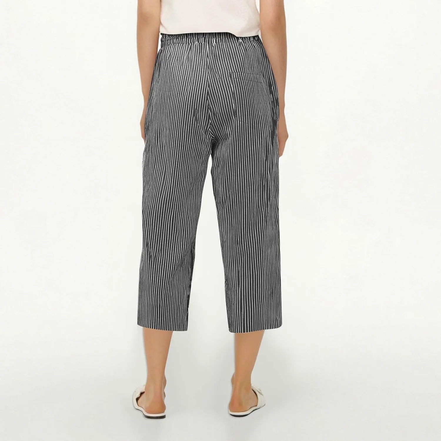 Capri Pants for Women Summer Drawstring High Waisted Striped Linen Pants Loose Crop Beach Gauze Pants with Pockets