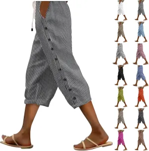 Capri Pants for Women Summer Drawstring High Waisted Striped Linen Pants Loose Crop Beach Gauze Pants with Pockets