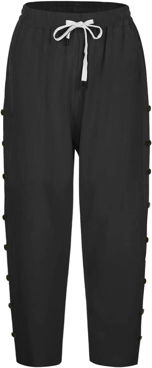 Capri Pants for Women Summer Drawstring High Waisted Striped Linen Pants Loose Crop Beach Gauze Pants with Pockets