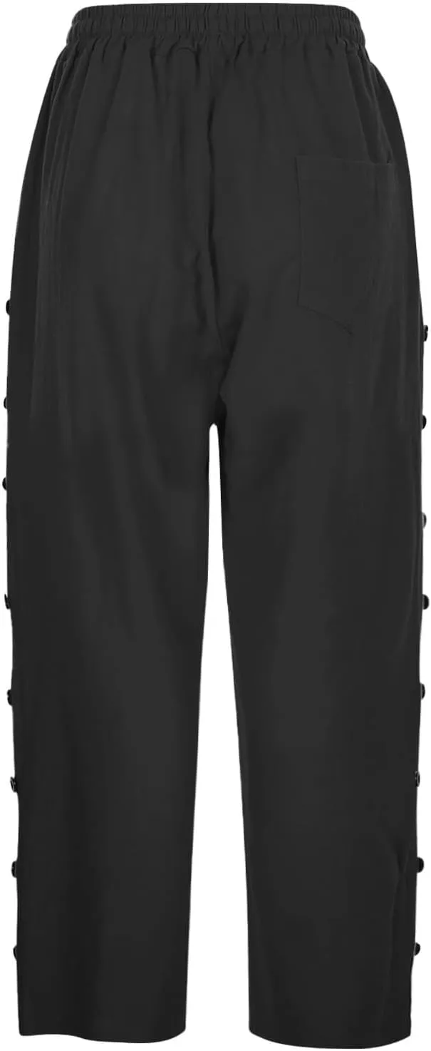 Capri Pants for Women Summer Drawstring High Waisted Striped Linen Pants Loose Crop Beach Gauze Pants with Pockets