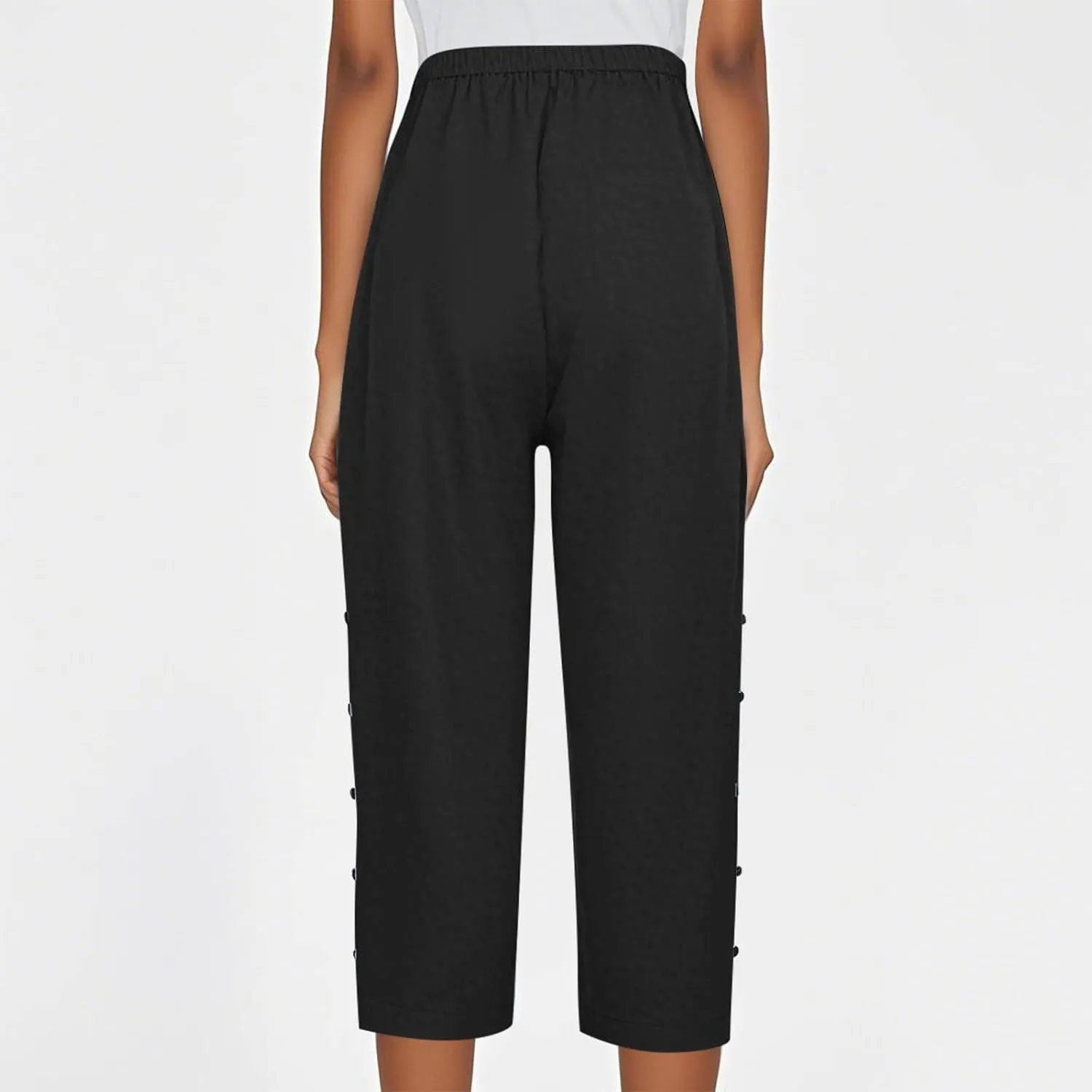 Capri Pants for Women Summer Drawstring High Waisted Striped Linen Pants Loose Crop Beach Gauze Pants with Pockets