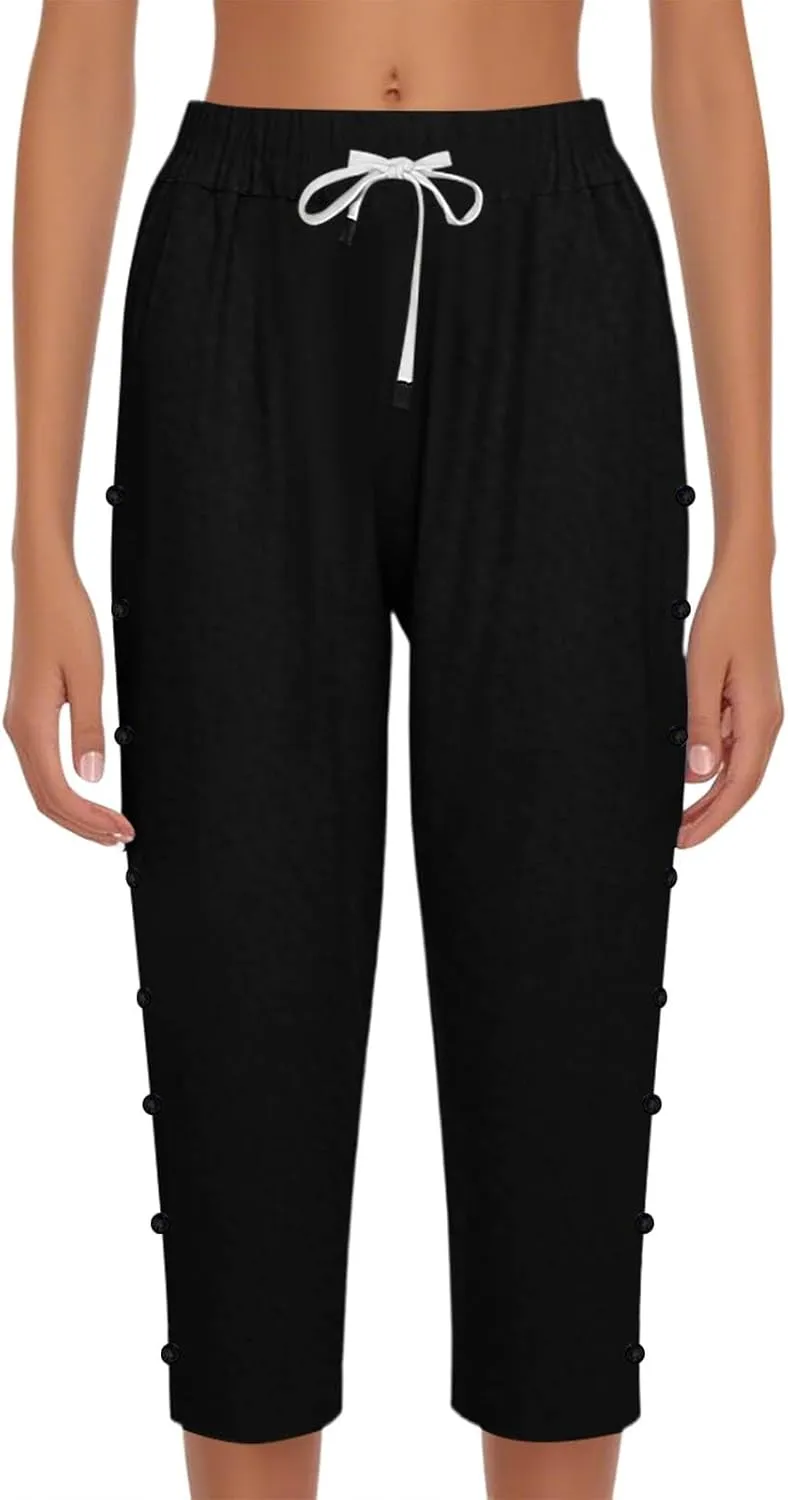 Capri Pants for Women Summer Drawstring High Waisted Striped Linen Pants Loose Crop Beach Gauze Pants with Pockets