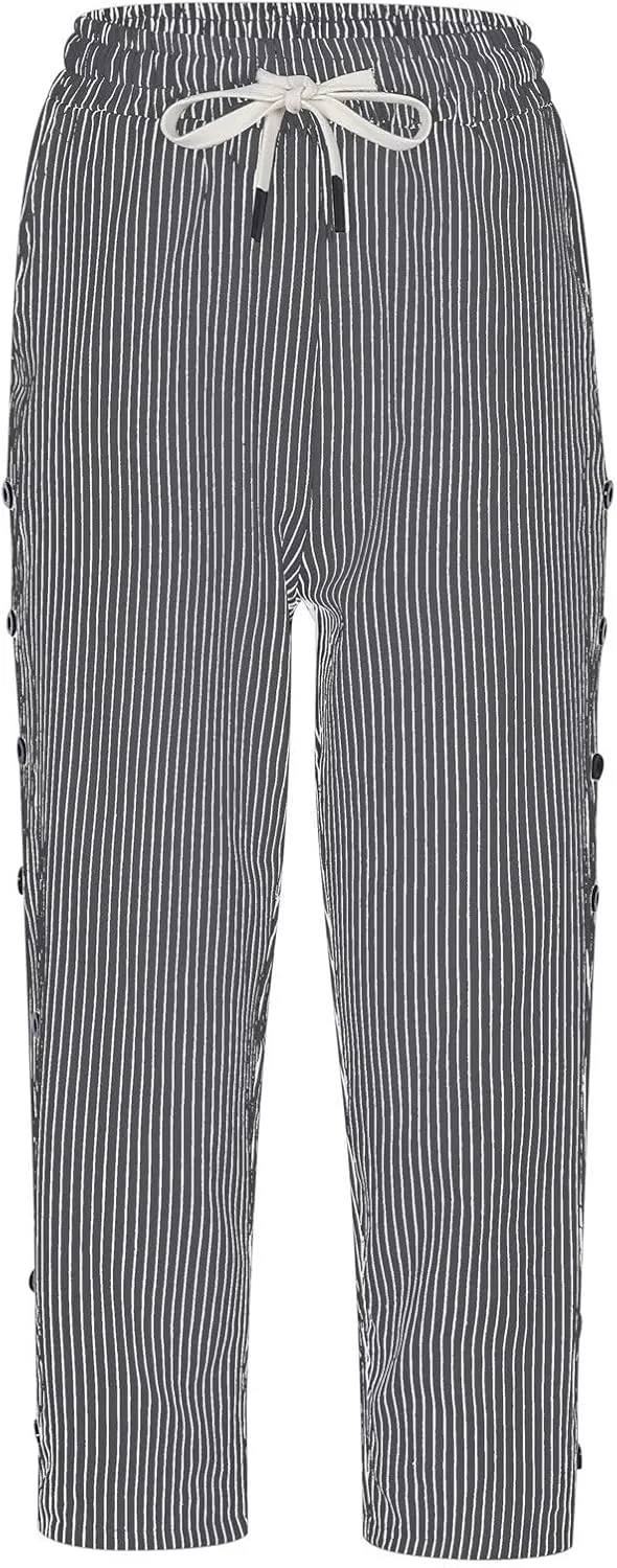 Capri Pants for Women Summer Drawstring High Waisted Striped Linen Pants Loose Crop Beach Gauze Pants with Pockets