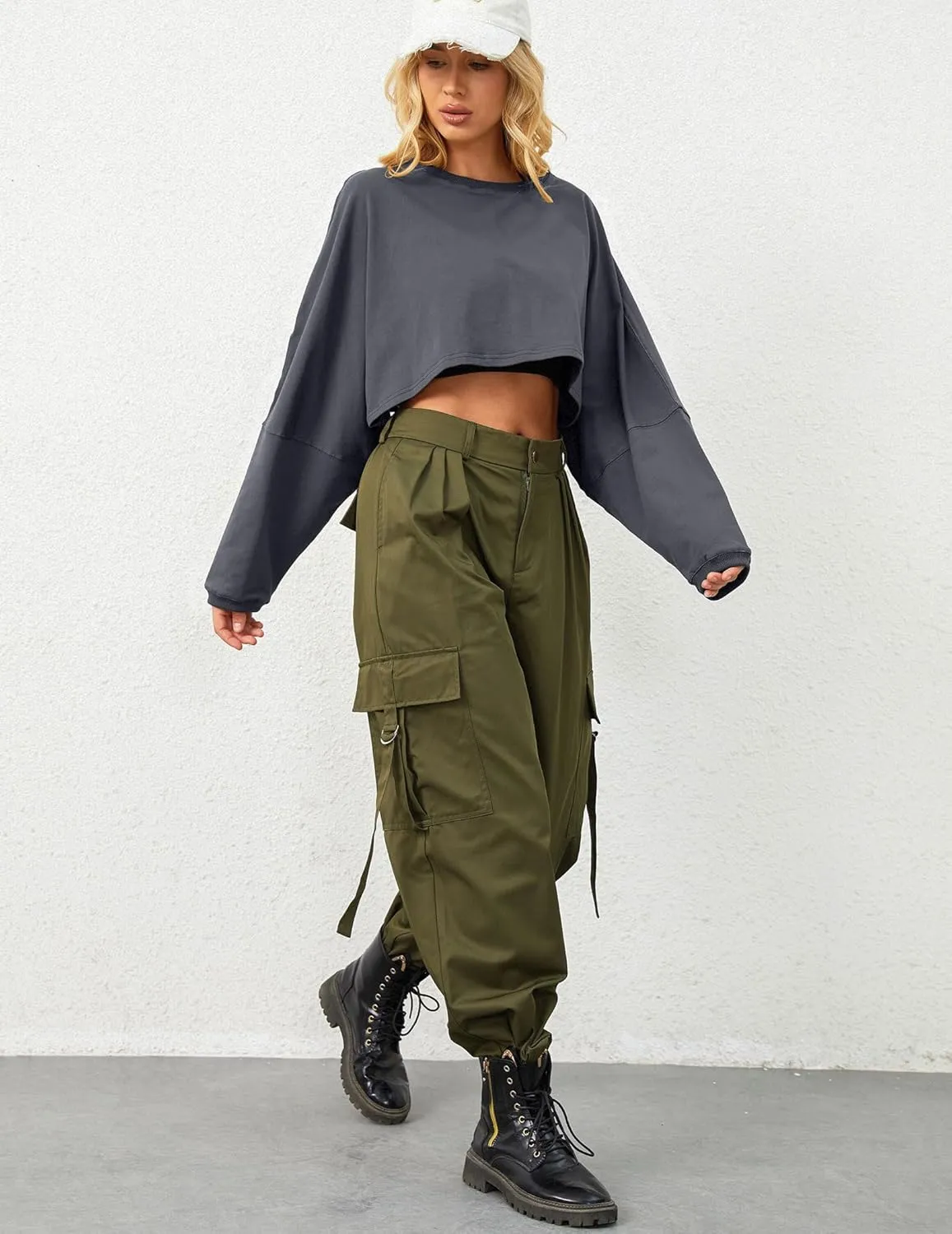 Cropped Sweatshirt Long Sleeve Crop Top Workout Oversized Sweatshirt Loose Crop Tops For Women Crewneck Sweatshirt