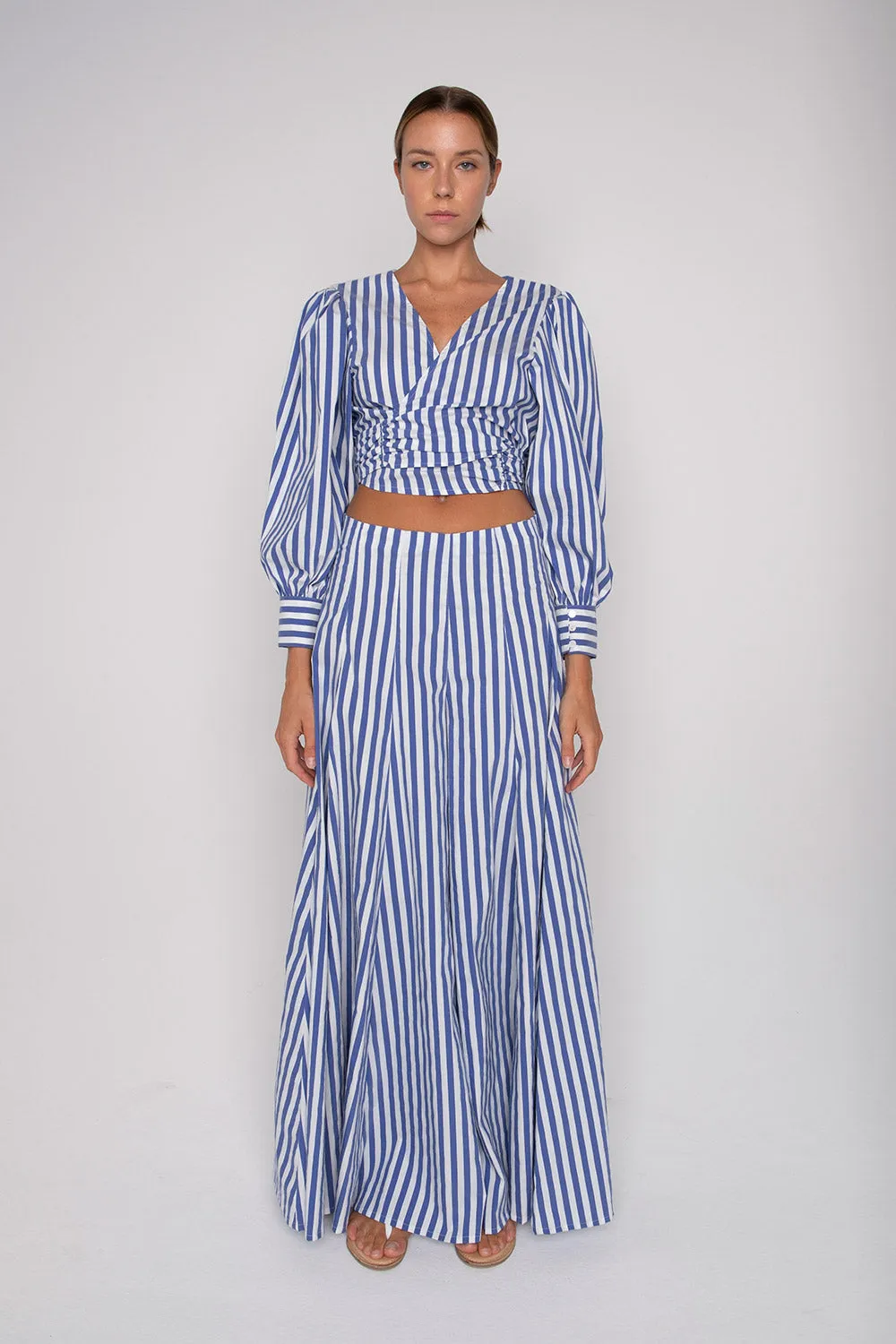 Cropped Wrap Blouse - Blue   White Stripe