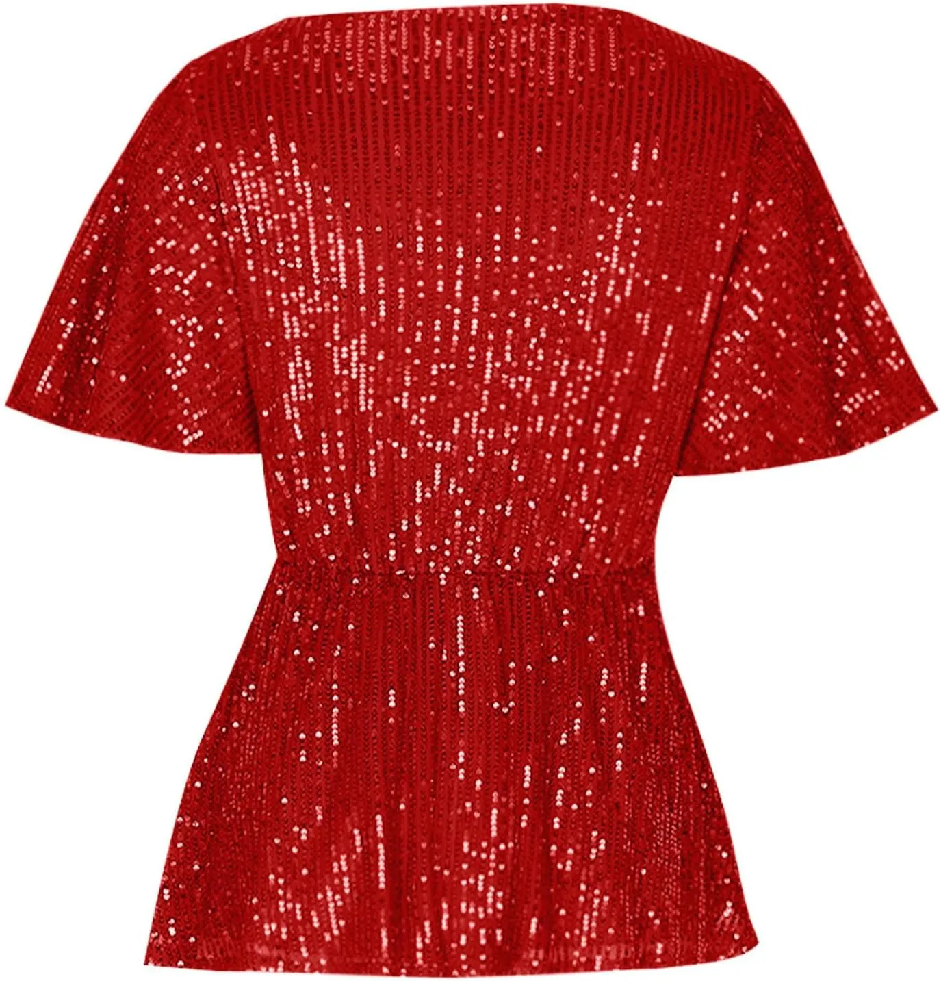 DASAYO Holiday Peplum Tops for Women Trendy Tie Front Tunics Elegant Blouse Dressy Casual Sequin V-Neck Short Sleeve Shirts