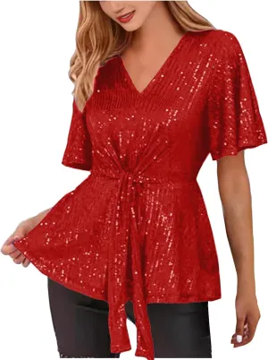 DASAYO Holiday Peplum Tops for Women Trendy Tie Front Tunics Elegant Blouse Dressy Casual Sequin V-Neck Short Sleeve Shirts