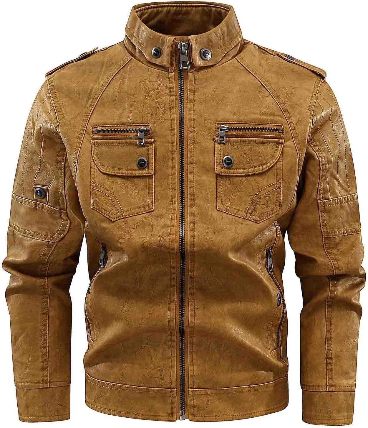 Dgoopd Men Leather Jacket Stand Collar Moto Jacket Vintage Motorcycle Jacket Zip up Faux Leather Jacket Casual Biker Jacket