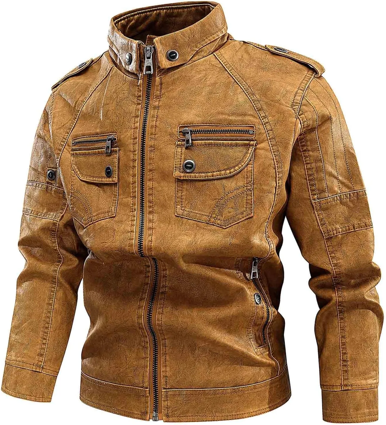 Dgoopd Men Leather Jacket Stand Collar Moto Jacket Vintage Motorcycle Jacket Zip up Faux Leather Jacket Casual Biker Jacket