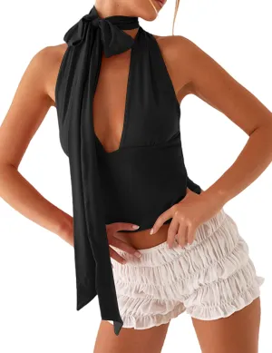 Dsewpuar Scarf Halter Neck Top for Women Sleeveless Backless Crop Tank Top Sexy Deep V Neck Crop Tops Y2K Going Out Tops