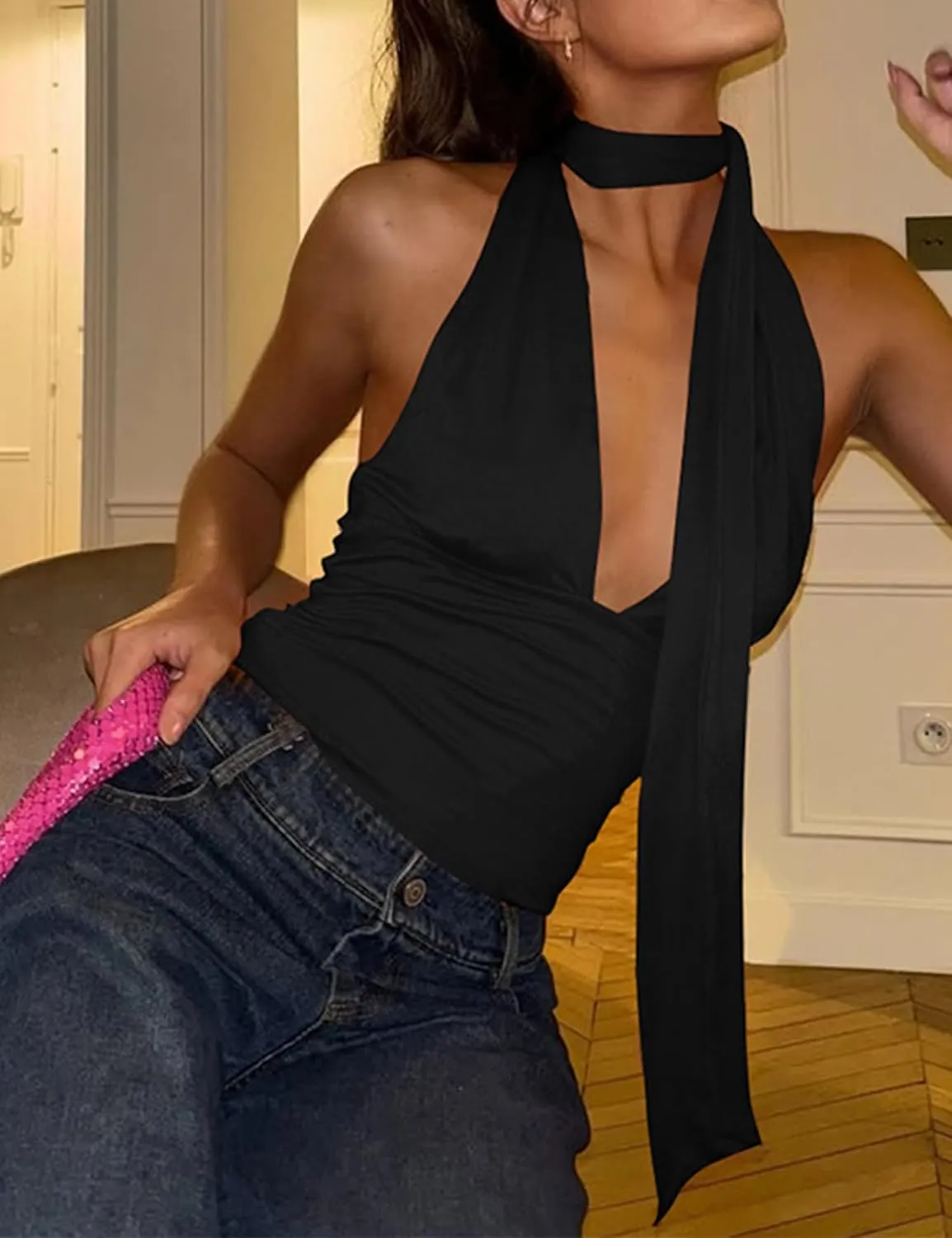 Dsewpuar Scarf Halter Neck Top for Women Sleeveless Backless Crop Tank Top Sexy Deep V Neck Crop Tops Y2K Going Out Tops