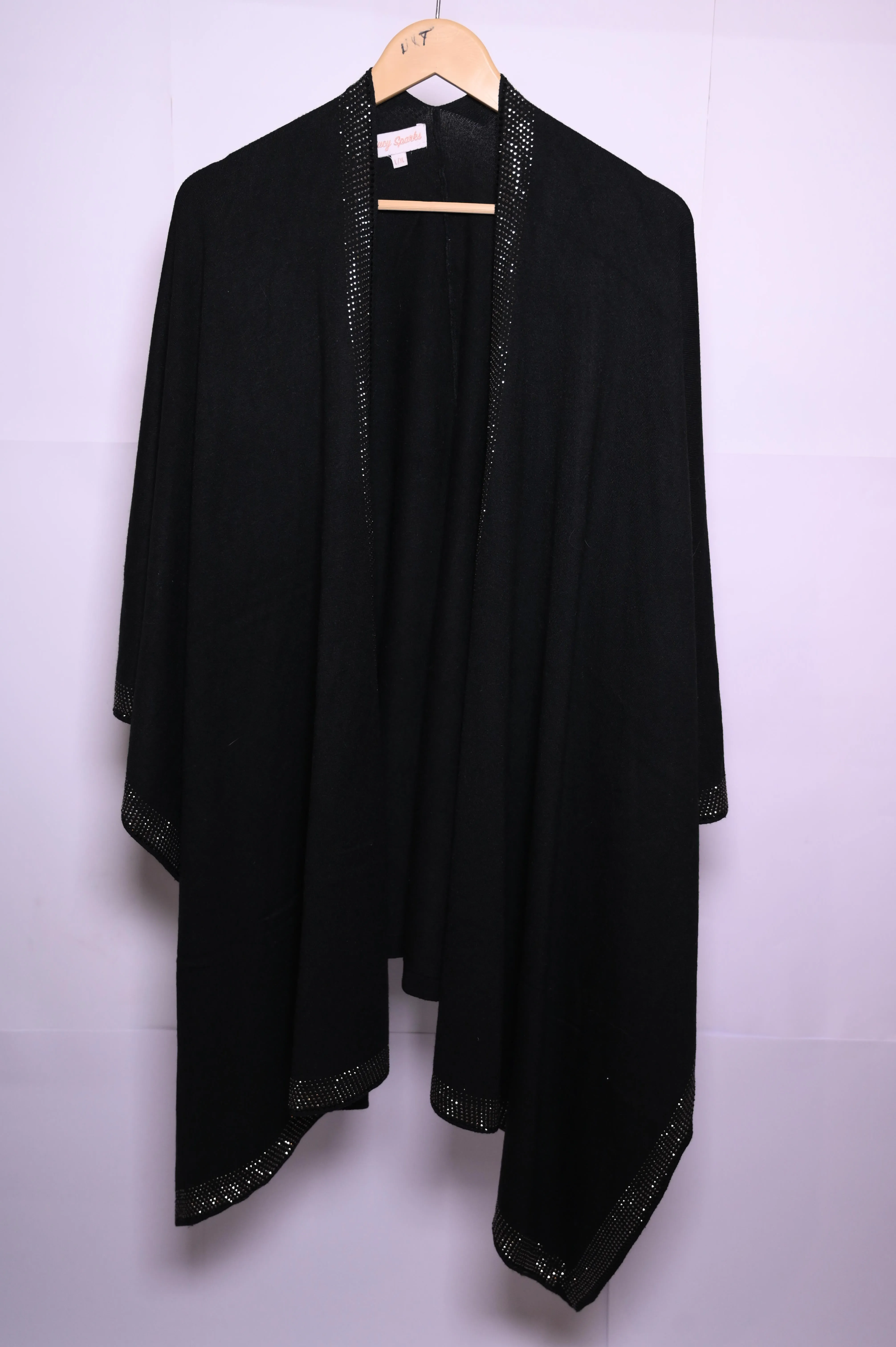 Elegant Black Viscose Winter Cape with Golden Rhinestones - Lucy Sparks
