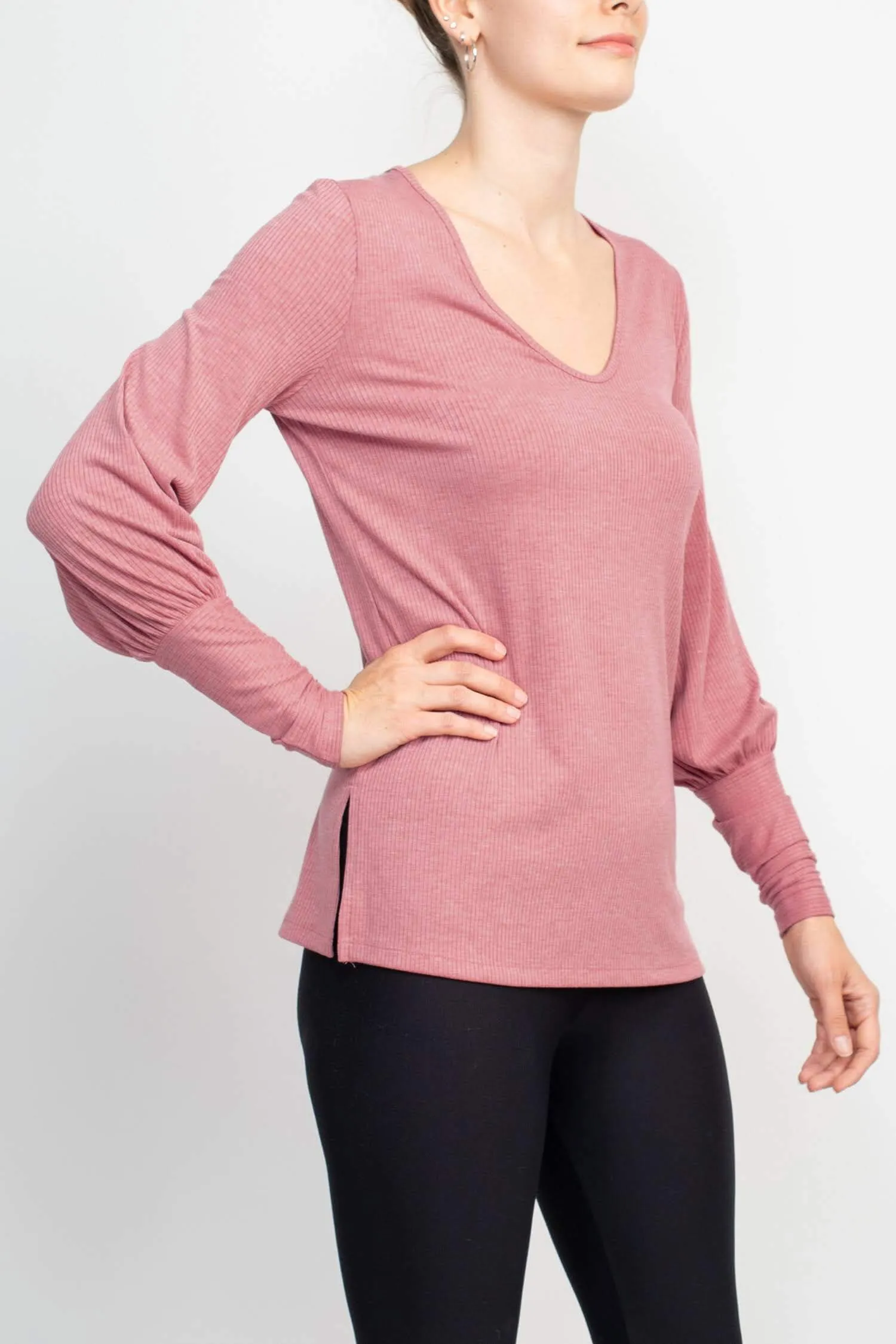 Ellen Tracy Scoop Neck Blouson Long Sleeve Solid Knit Jersey Top