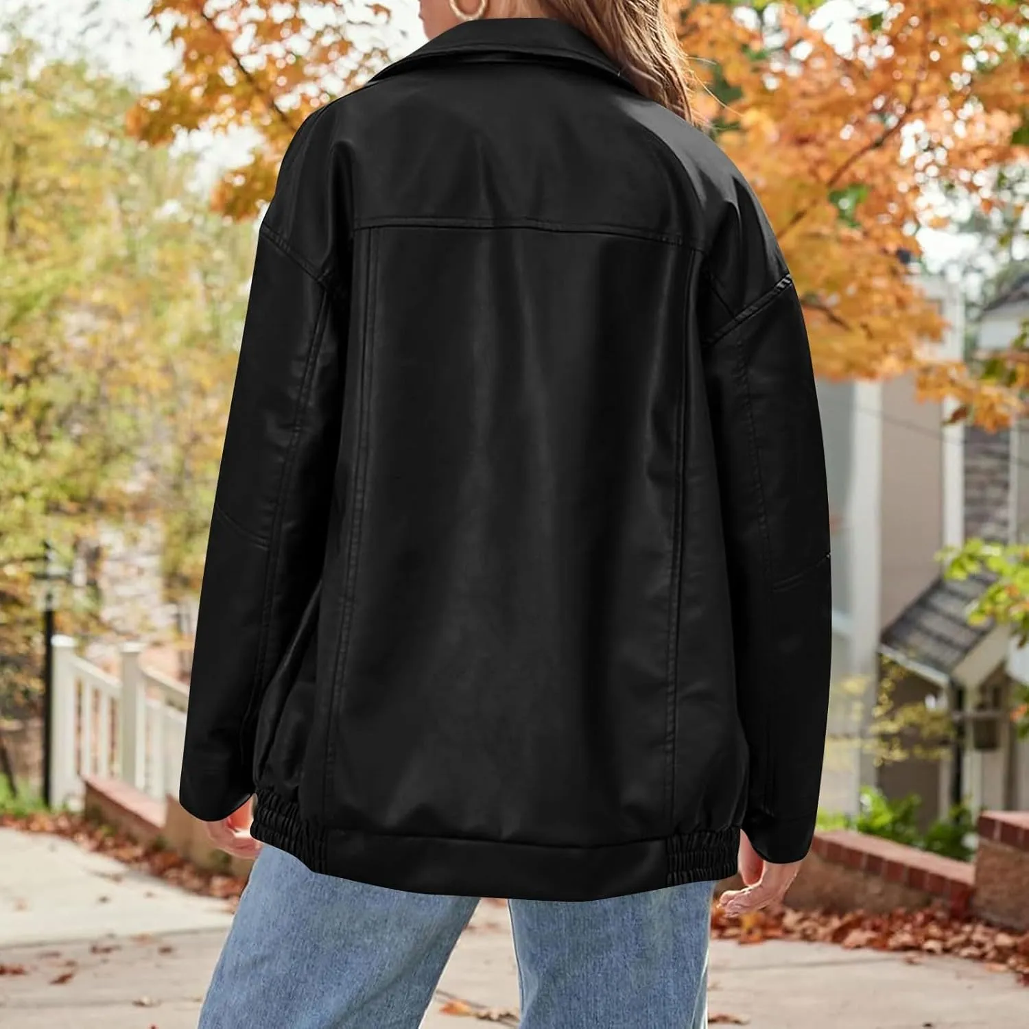 Faux Leather Jacket Women Oversized Zipper Casual Coats Trendy Motocycle Fall Jackets 2024 Trendy Clothes With Pockets