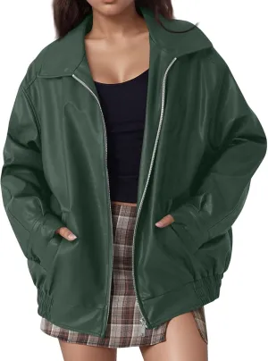 Faux Leather Jacket Women Oversized Zipper Casual Coats Trendy Motocycle Fall Jackets 2024 Trendy Clothes With Pockets