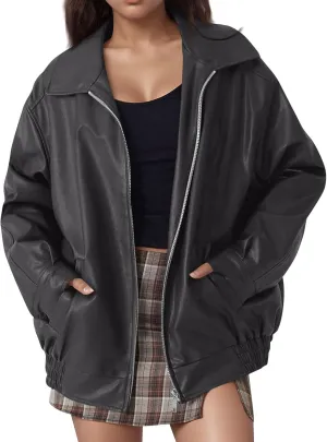 Faux Leather Jacket Women Oversized Zipper Casual Coats Trendy Motocycle Fall Jackets 2024 Trendy Clothes With Pockets