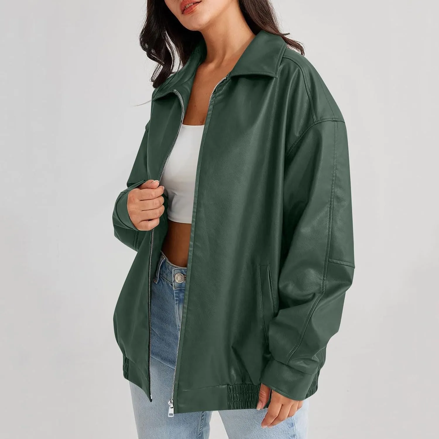 Faux Leather Jacket Women Oversized Zipper Casual Coats Trendy Motocycle Fall Jackets 2024 Trendy Clothes With Pockets