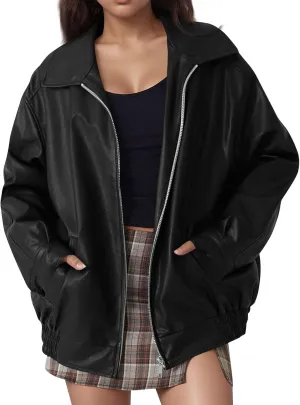 Faux Leather Jacket Women Oversized Zipper Casual Coats Trendy Motocycle Fall Jackets 2024 Trendy Clothes With Pockets