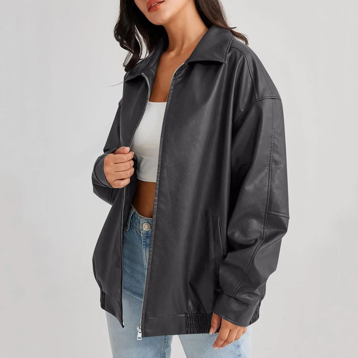 Faux Leather Jacket Women Oversized Zipper Casual Coats Trendy Motocycle Fall Jackets 2024 Trendy Clothes With Pockets