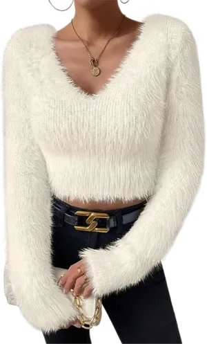 Fuzzy Sweater for Women Long Sleeve V Neck Crop Sweater Cute Plain Fitted Warm Crop Tops Knitwear Sweater Short Tops