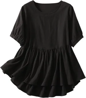 HGps8w Cotton Linen Tops for Women 2025 Summer Loose Fit Casual Crewneck Short Sleeve Peplum Blouse Cute Pleated Tunic Shirts