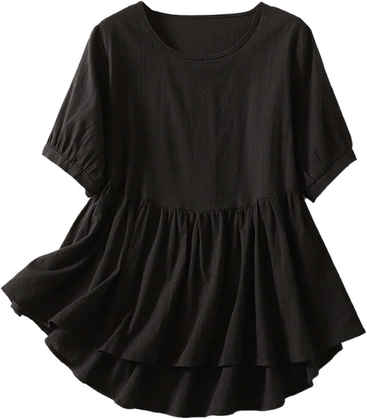 HGps8w Cotton Linen Tops for Women 2025 Summer Loose Fit Casual Crewneck Short Sleeve Peplum Blouse Cute Pleated Tunic Shirts
