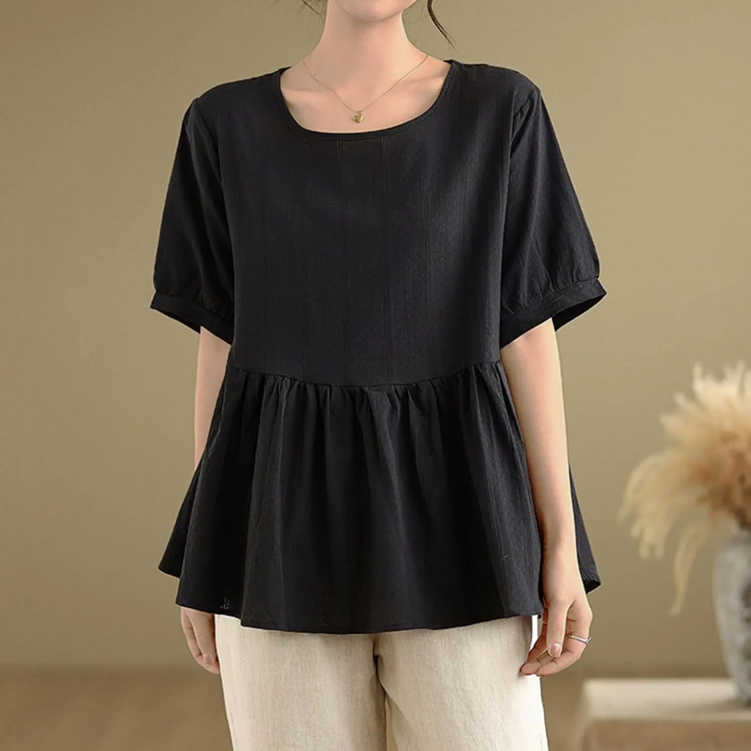 HGps8w Cotton Linen Tops for Women 2025 Summer Loose Fit Casual Crewneck Short Sleeve Peplum Blouse Cute Pleated Tunic Shirts