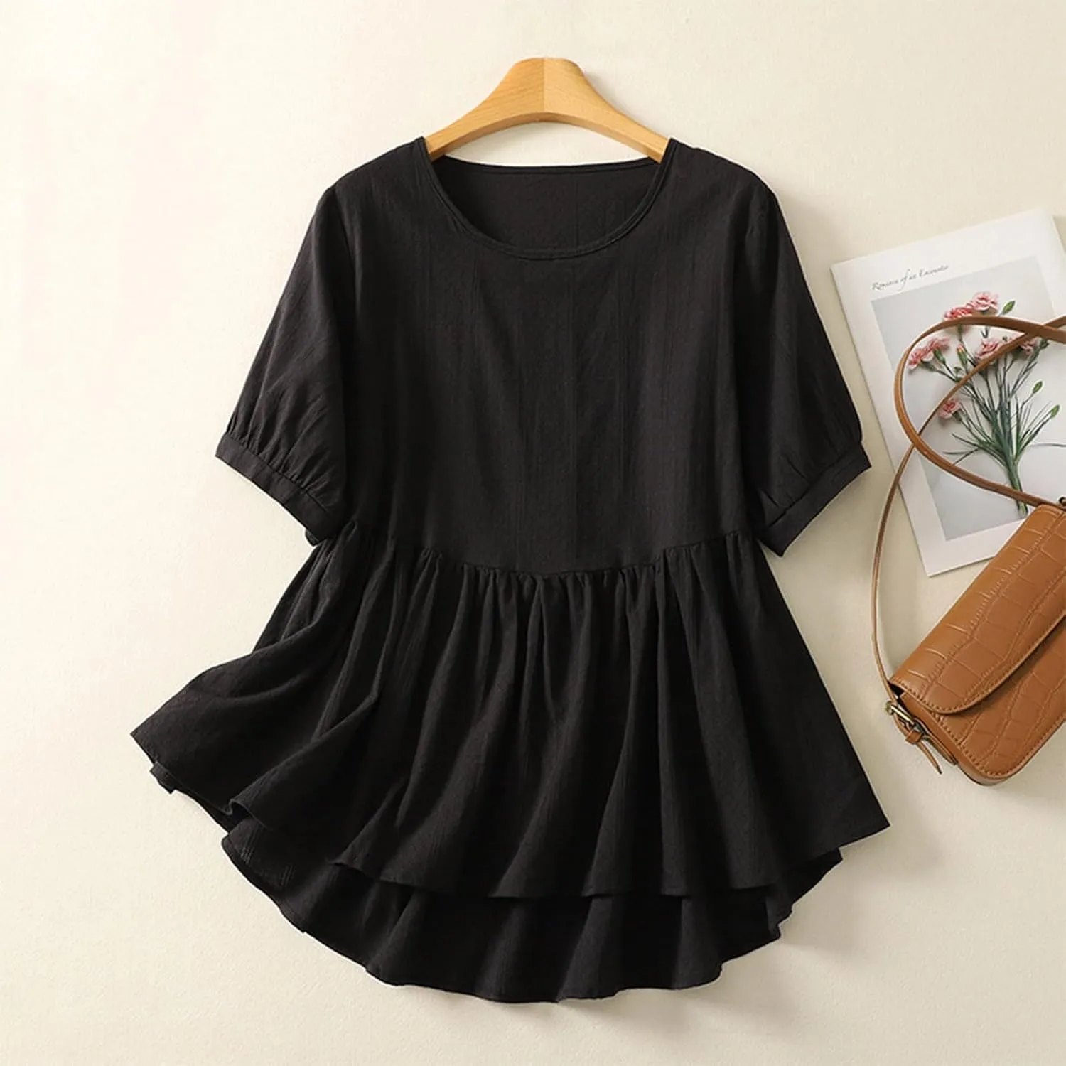 HGps8w Cotton Linen Tops for Women 2025 Summer Loose Fit Casual Crewneck Short Sleeve Peplum Blouse Cute Pleated Tunic Shirts