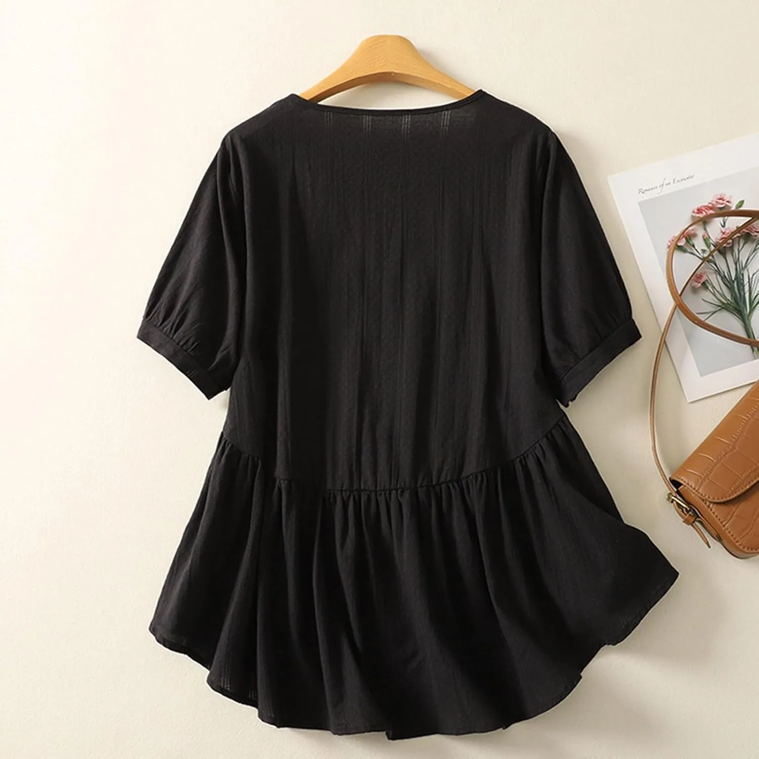 HGps8w Cotton Linen Tops for Women 2025 Summer Loose Fit Casual Crewneck Short Sleeve Peplum Blouse Cute Pleated Tunic Shirts