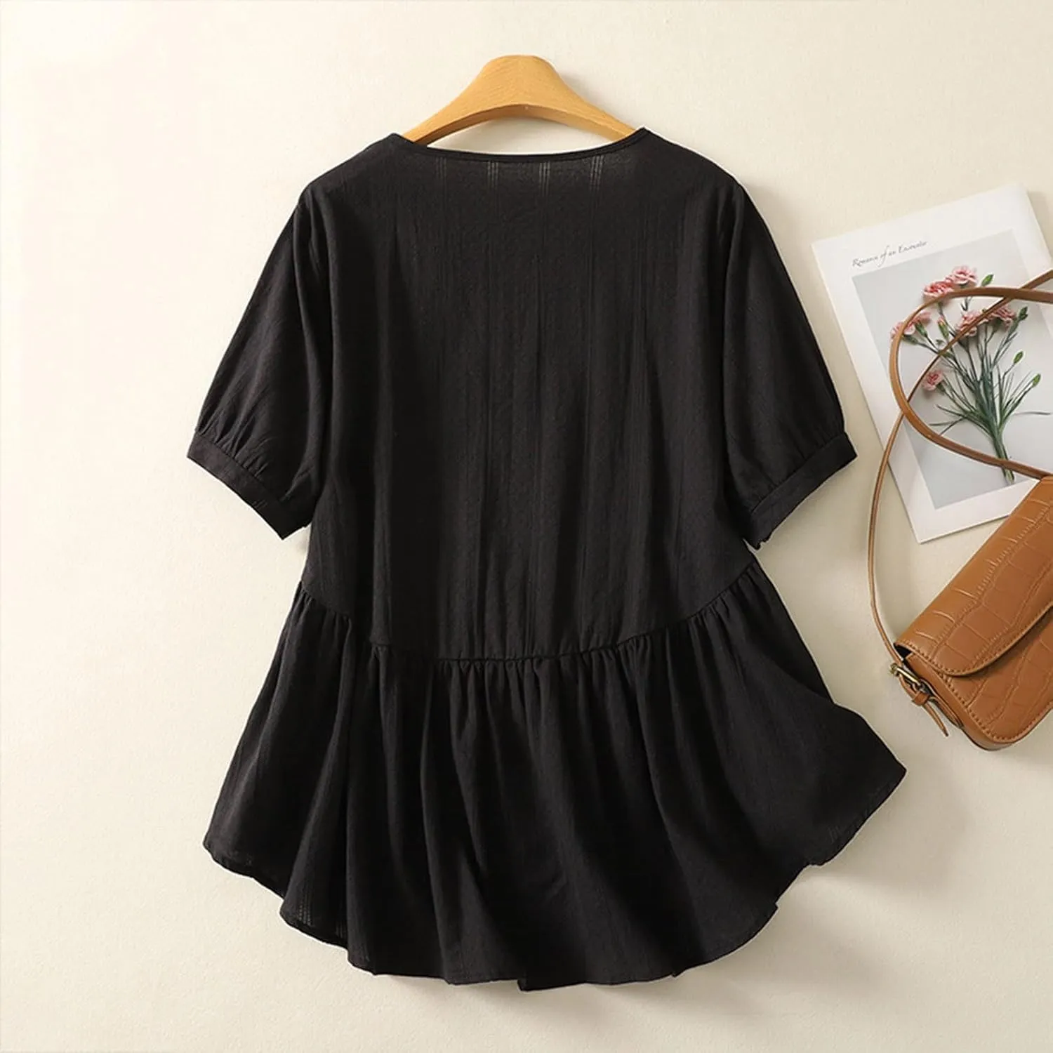 HGps8w Cotton Linen Tops for Women 2025 Summer Loose Fit Casual Crewneck Short Sleeve Peplum Blouse Cute Pleated Tunic Shirts