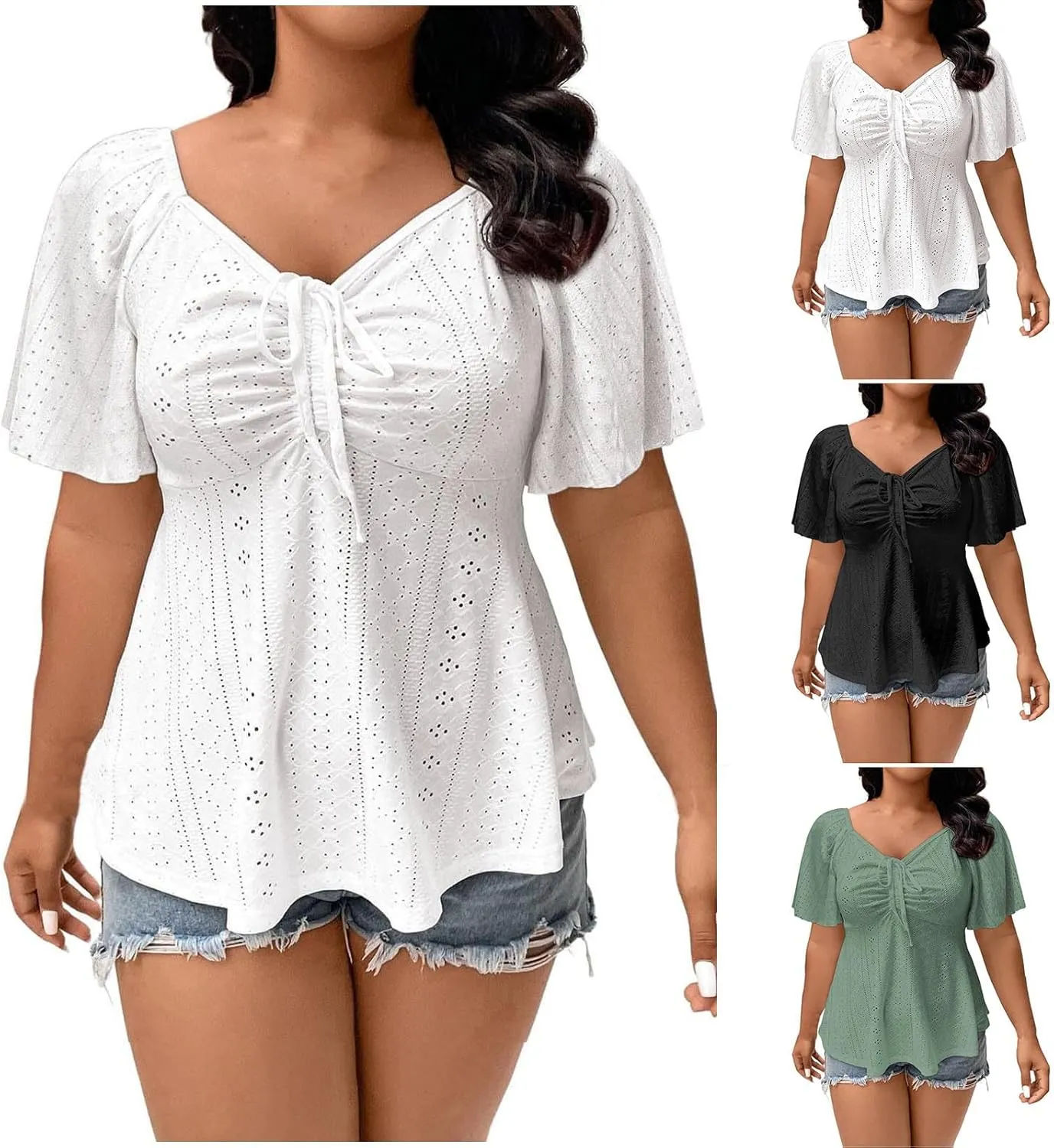 HGps8w Drawstring V Neck Eyelet Tops for Women Dressy Summer Plus Size Peplum Blouses Loose Short Sleeve Casual T-Shirts