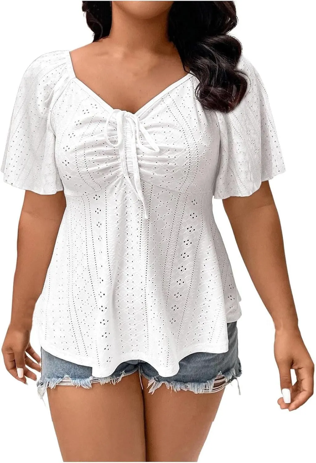 HGps8w Drawstring V Neck Eyelet Tops for Women Dressy Summer Plus Size Peplum Blouses Loose Short Sleeve Casual T-Shirts