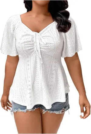 HGps8w Drawstring V Neck Eyelet Tops for Women Dressy Summer Plus Size Peplum Blouses Loose Short Sleeve Casual T-Shirts