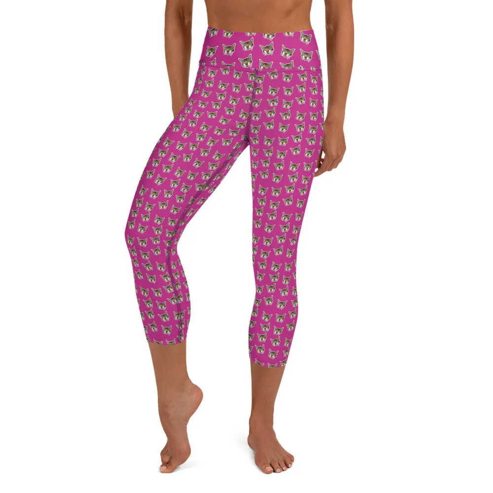 Hot Pink Cat Capri Leggings, Cute Cat Women's Yoga Capri Tights Pants-Made in USA/EU