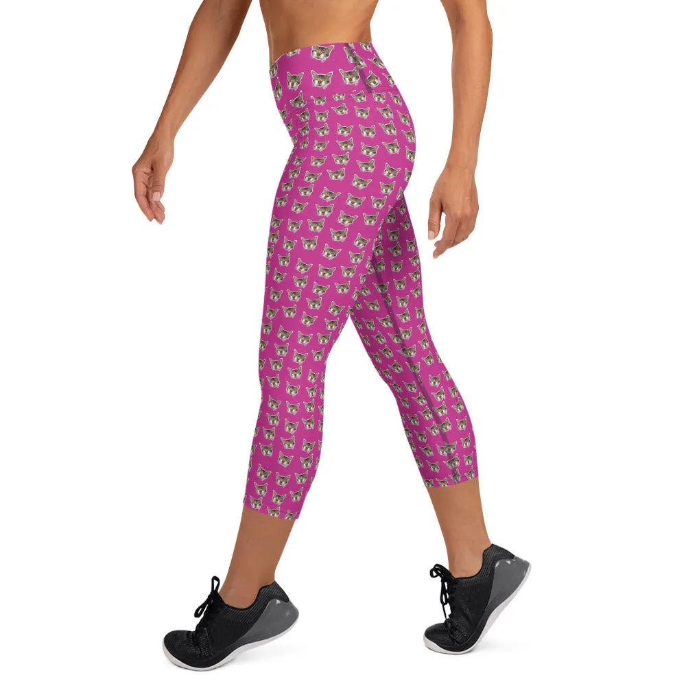 Hot Pink Cat Capri Leggings, Cute Cat Women's Yoga Capri Tights Pants-Made in USA/EU