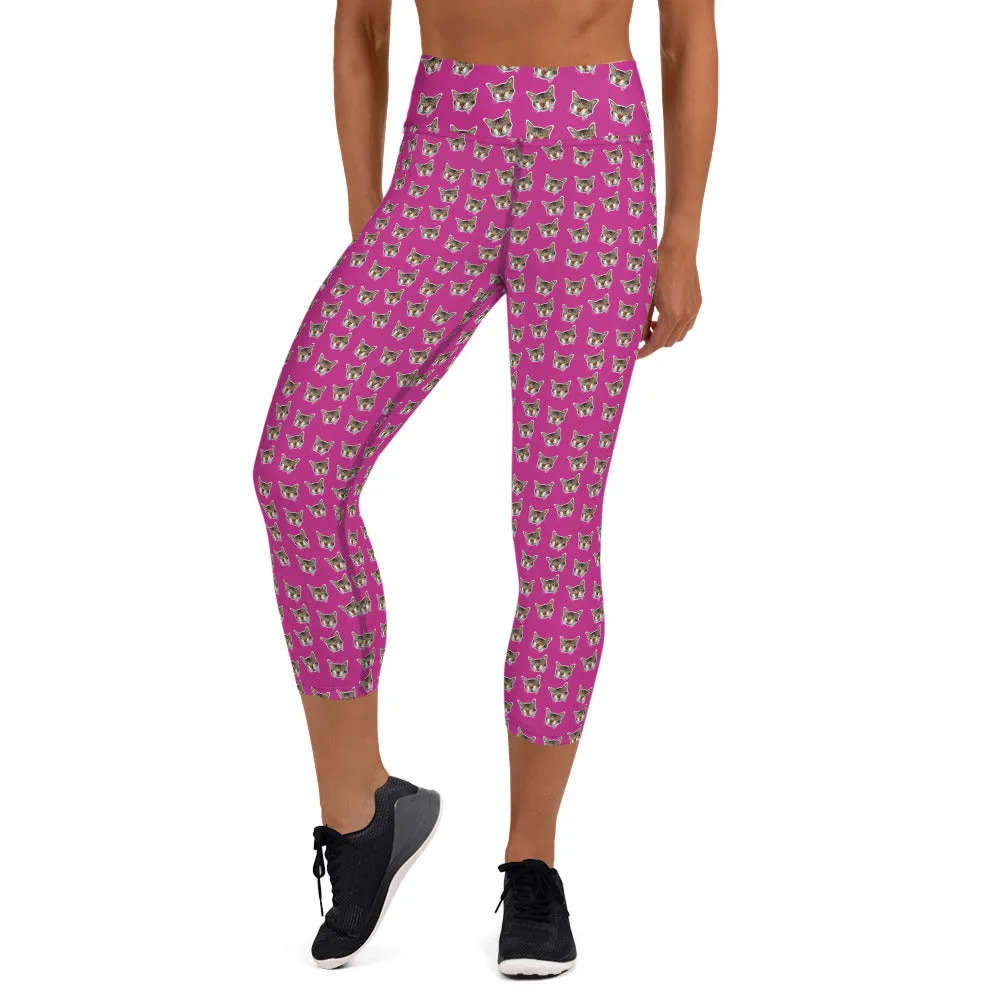 Hot Pink Cat Capri Leggings, Cute Cat Women's Yoga Capri Tights Pants-Made in USA/EU